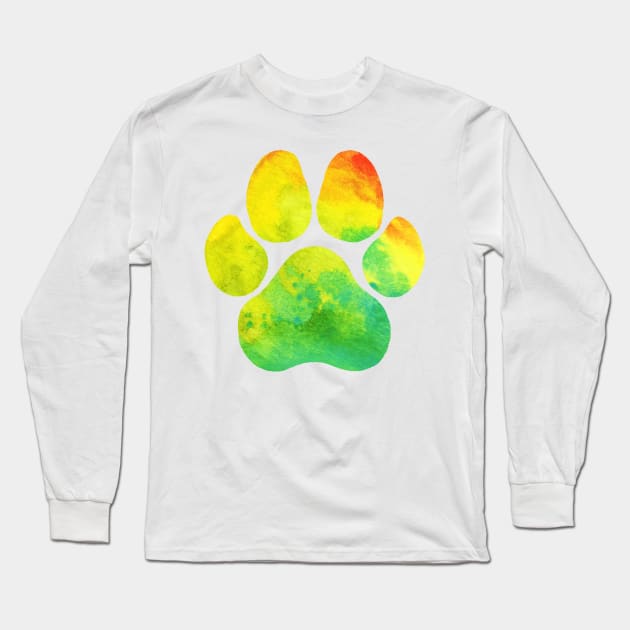 Yellow Green and Orange Watercolor Paw Print Long Sleeve T-Shirt by dragonstarart